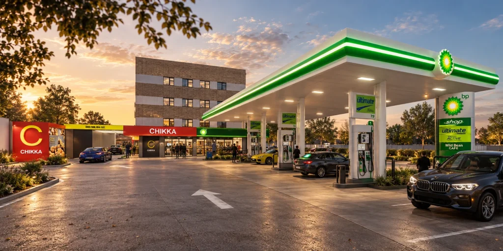 BP mixed-use development — service station, convenience retail and residential building