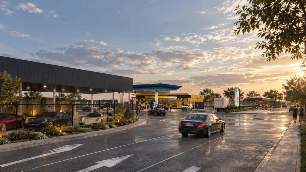 Sasol mixed-use precinct — vehicle dealership, retail frontage and filling station