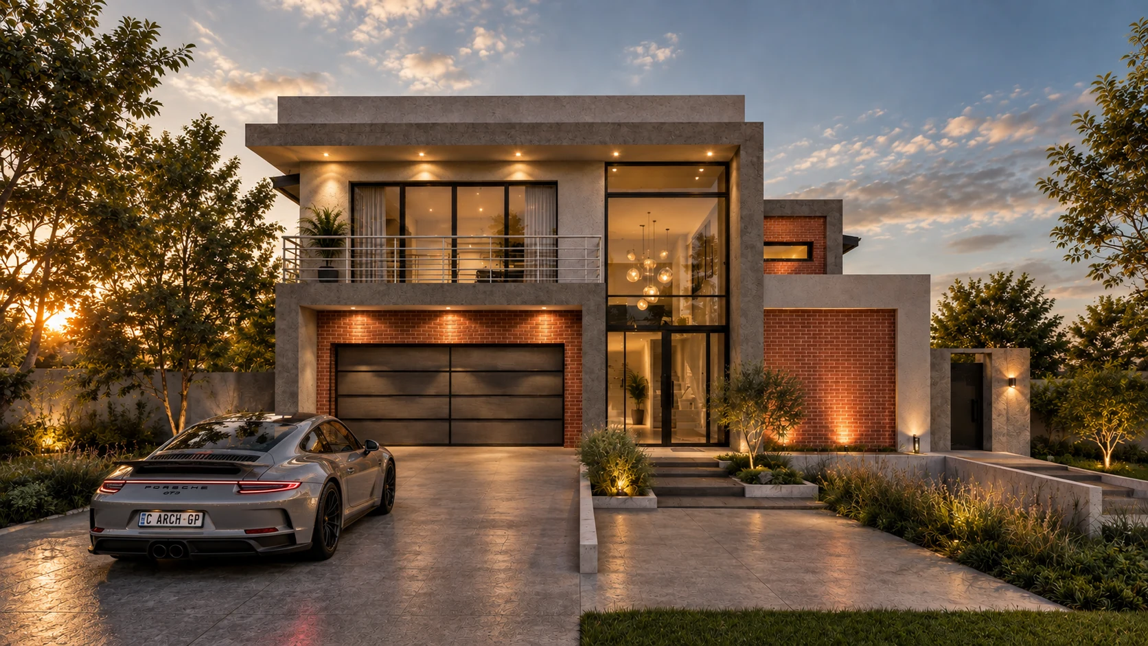 The Fairway Residence — red facebrick and glazed double-volume entrance