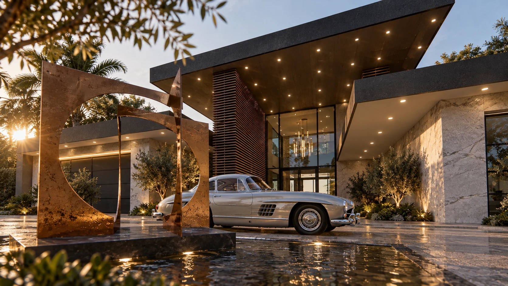 The Grey Residence — coastal luxury home entrance with cantilevered roof and expansive glazing