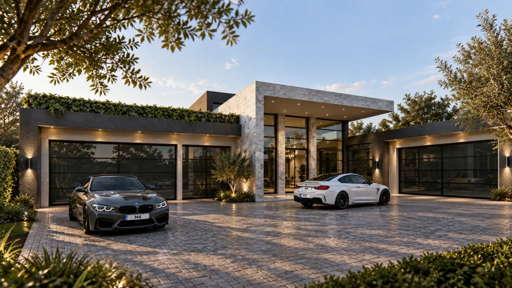 The Sunninghill Glass House — landscaped entrance courtyard