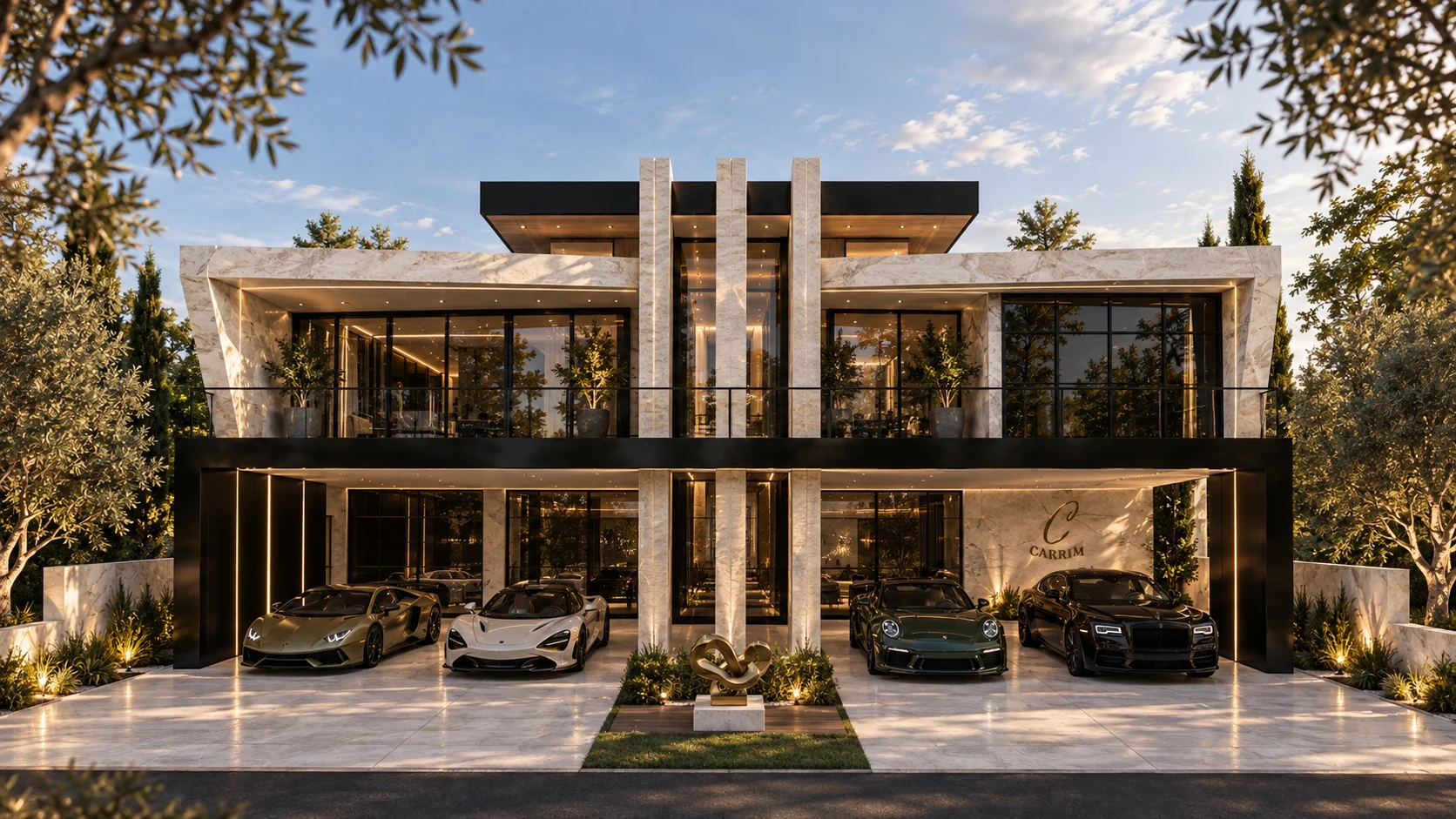 The Carrim Residence — natural stone façade, expansive glazing and luxury vehicle gallery