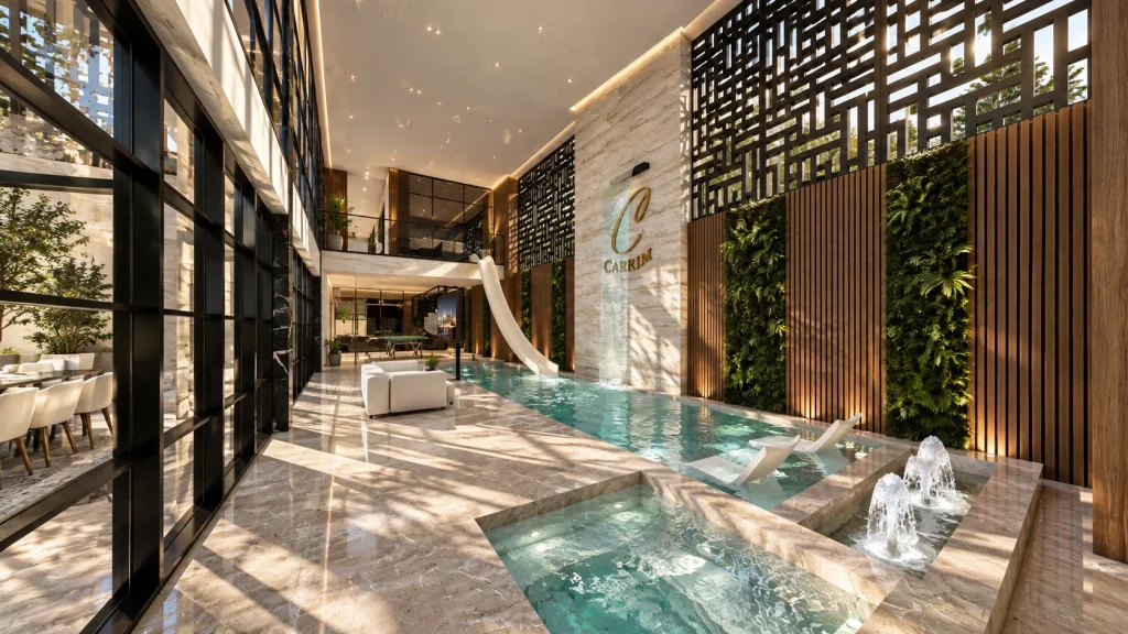The Carrim Residence — indoor pool and patterned privacy screen